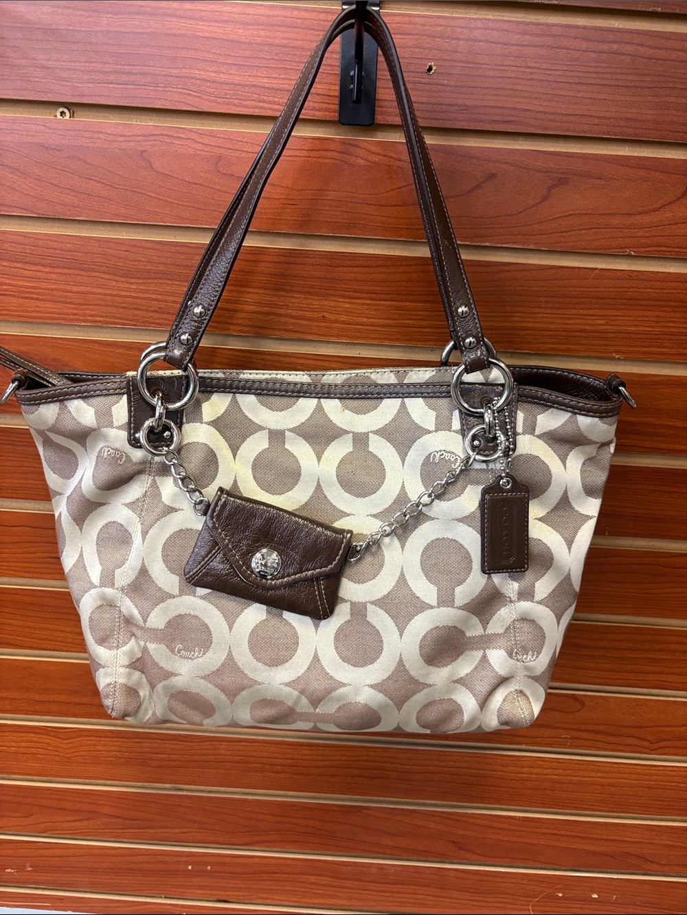 Coach Taupe and Brown Signature Canvas Tote with Leather Accents 14841